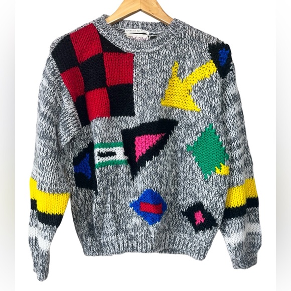 Back To Back Sweaters - Back To Back Hand Knit Funky 80s Geometric 80s Retro Sweater Vintage | Size L